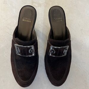 Stuart Weitzman Brown Suede Double Agent ￼Studded Slip On Clogs Mules Size 8.5